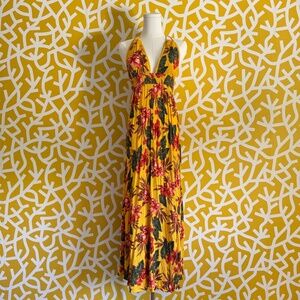 Forever 21 Yellow Green Floral Tropical Maxi Open Back Halter Low Cut Dress - SM